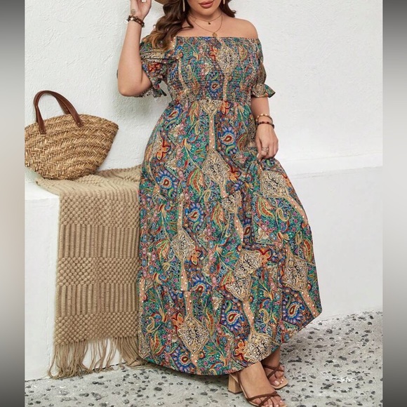 Boho Paisley Print Off Shoulder Maxi Dress main image 0